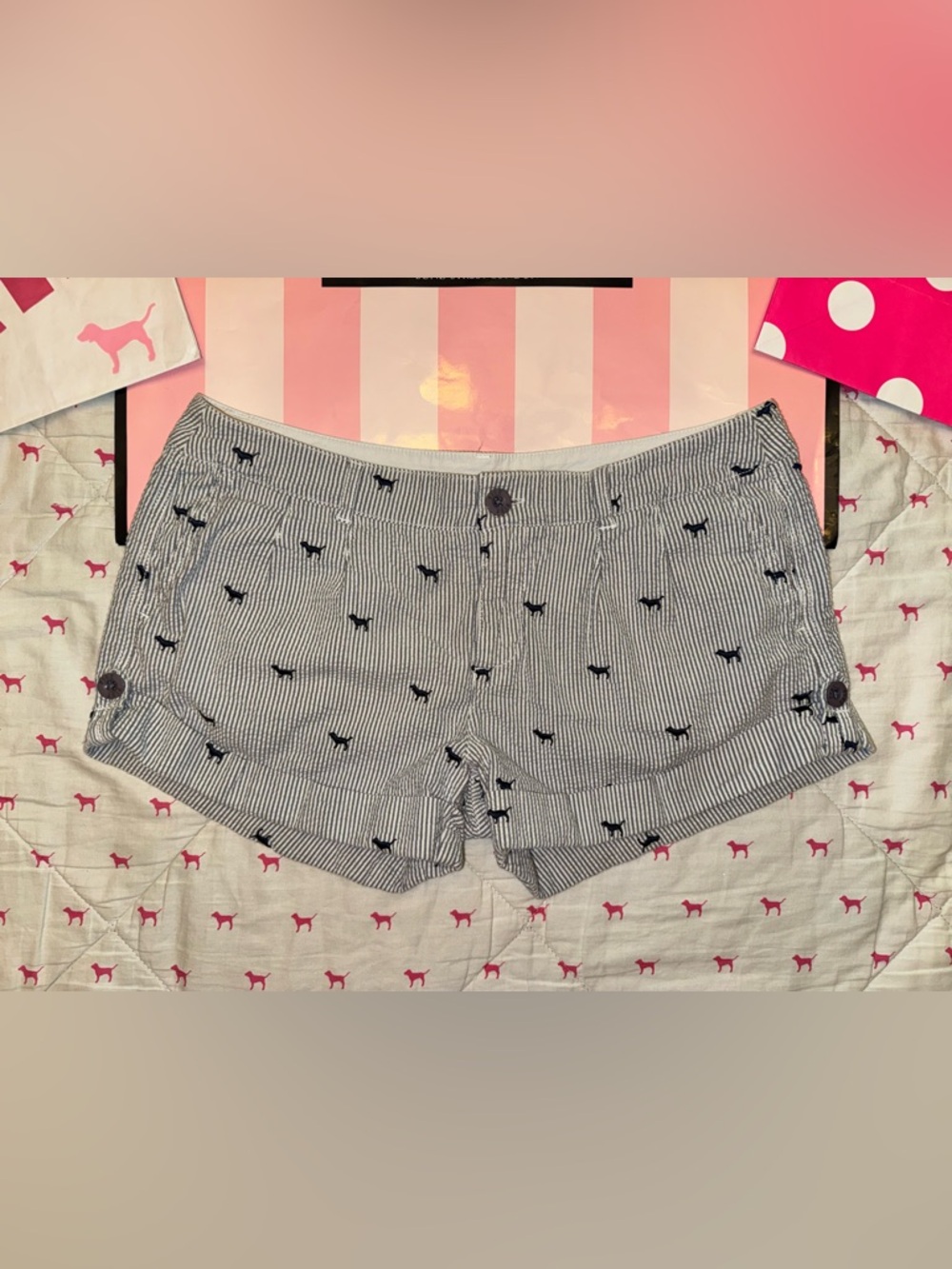 VS PINK VINTAGE Y2K SEERSUCKER LINEN SHORTS STRIPED ALL OVER DOG PUP LOGO RARE